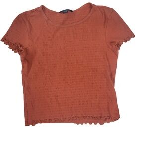 American Eagle Rust Orange Smocked Short Sleeve Lettuce Trim Top XS